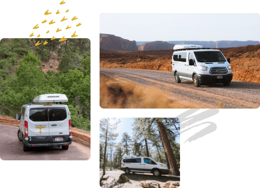 Collage of 3 images of the Trekker van on different scenic routes and terrain